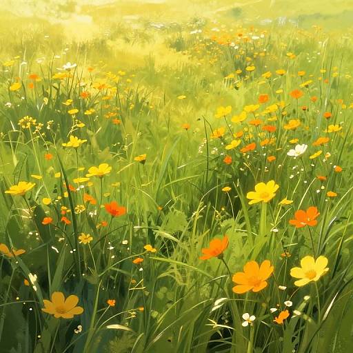 Digital painting of a sunlit meadow filled with vibrant yellow and orange flowers, and tall green grass, bathed in warm sunlight.