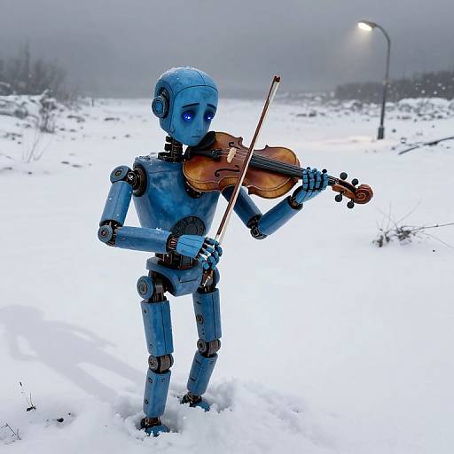 Melancholic Robot Musician in Blue