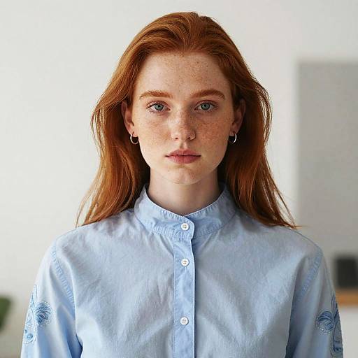 Photograph of a fair-skinned, freckled redhead woman with blue eyes, wearing a light blue button-up shirt, standing against a blurred white