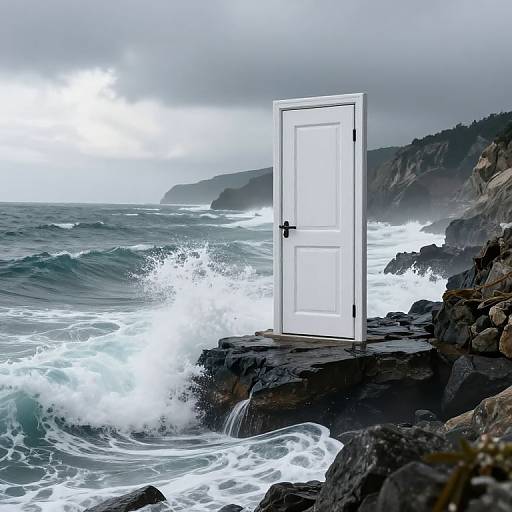 Photograph of a white door standing on rocky coastline with crashing waves under a cloudy sky, blending surrealism with natural scenery.