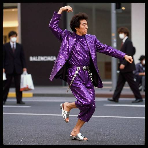 Photograph of a man in a vibrant purple sequin suit, white sandals, and chains, dancing energetically on an urban street. Background includes