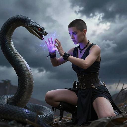 Digital artwork: muscular woman with short brown hair, black leather outfit, and glowing purple hand magic, confronts a large, coiled black snake with