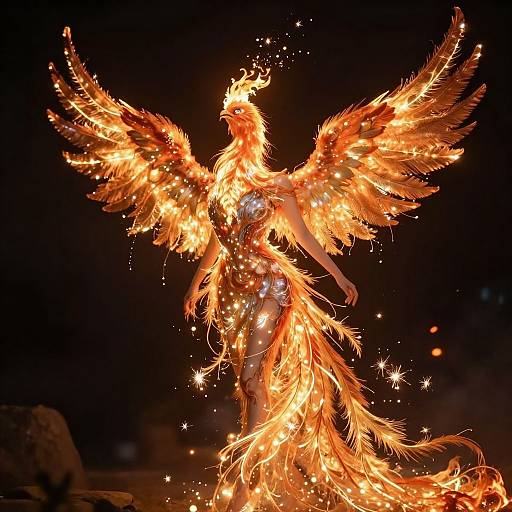 Photograph of a fiery, glowing, winged phoenix statue with bright orange and yellow flames, surrounded by sparkling lights, against a dark night background.