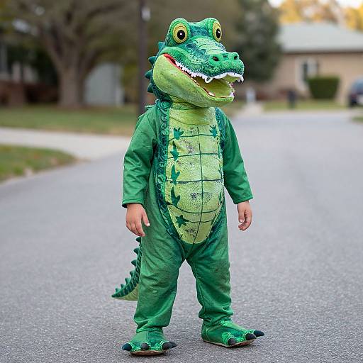 Photograph of a young child in a green, cartoon-style crocodile costume standing on a suburban street, with blurred houses and trees in the background.