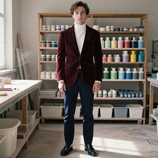 Photograph of a curly-haired man in a maroon blazer, white turtleneck, and navy pants, standing in a brightly lit, organized