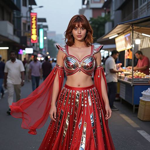 Photograph of a brunette woman in a metallic red and red frilled crop top and skirt, standing on a bustling evening street, surrounded by market stalls