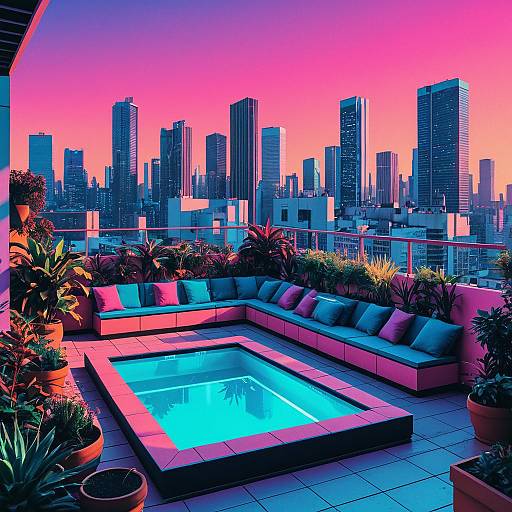 Vaporwave Rooftop Pool and Garden at Sunset
