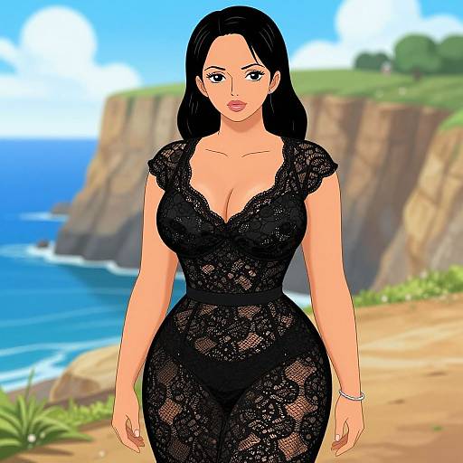 Digital illustration of a curvy woman with black hair, wearing a lacy black dress, standing against a coastal cliff backdrop.