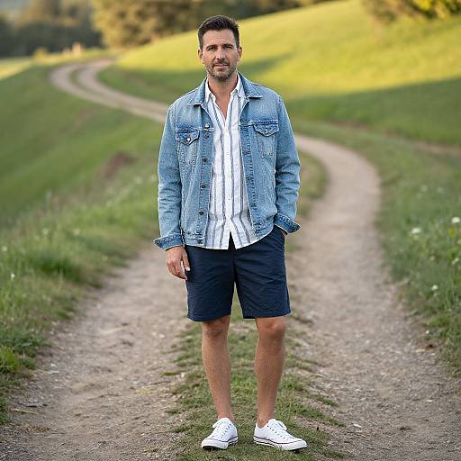 Photograph of a bearded man with short dark hair, wearing a blue denim jacket, white striped shirt, black shorts, and white sneakers, standing