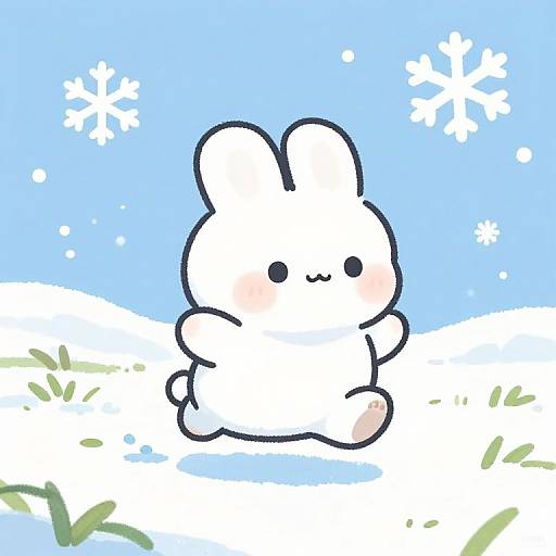Cute digital drawing of a white, chibi-style bunny with black eyes and a small smile, sitting in snow with blue sky and snowflakes