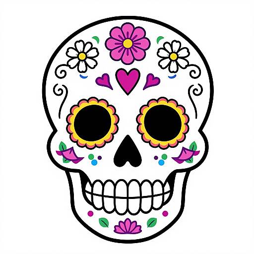 Colorful digital drawing of a sugar skull with black circular eyes, yellow floral accents, pink flower and heart, and swirls.