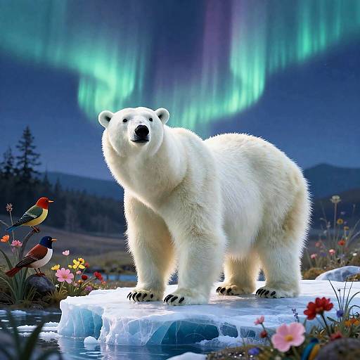 Polar Bear on Ice with Aurora and Birds