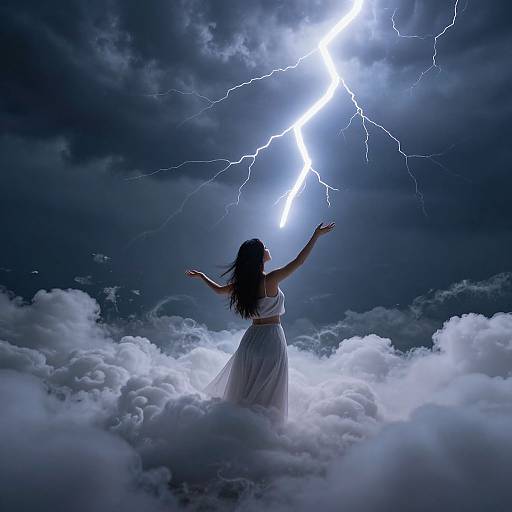 Photograph-style digital art: Silhouetted woman with long hair, white dress, arms raised, standing on clouds, beneath bright, jagged
