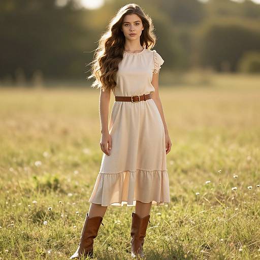 Photograph of a young woman with long brown hair in a white, knee-length dress with brown belt and brown boots, standing in a sunlit,
