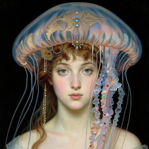 Digital artwork of a fair-skinned young woman with blue eyes, wearing a translucent jellyfish-like headdress with golden and gem-adorned details,