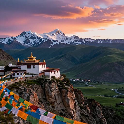 Photograph of a Tibetan monastery with golden roofs perched on a rocky cliff, colorful prayer flags in foreground, snow-capped mountains and a vibrant sunset