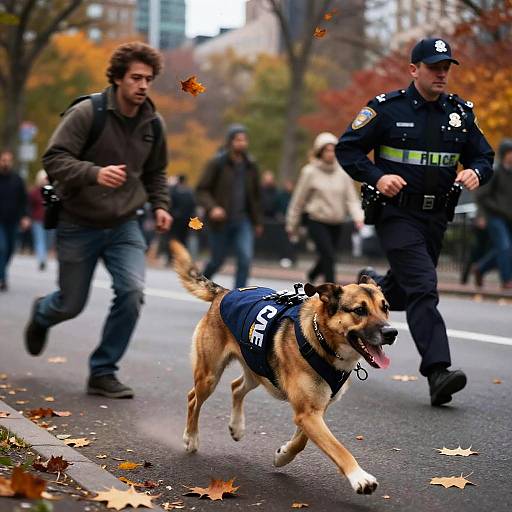 Photograph of a police officer in uniform chasing a German Shepherd wearing a vest, with a man in casual clothes running behind on a leaf-strewn