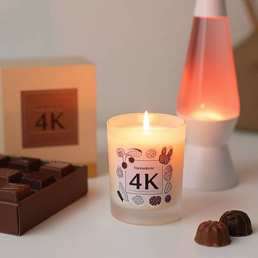Photograph of a lit 4K scented candle, surrounded by chocolate pieces, a brown box, and a glowing lava lamp.