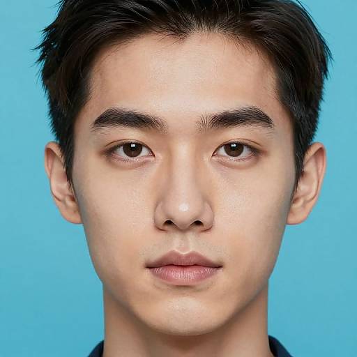Photograph of an East Asian young man with short black hair, light skin, brown eyes, and neutral expression, against a bright blue background.