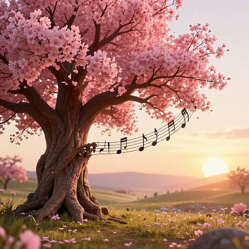 Ancient Blossom Tree with Musical Notes at Sunset