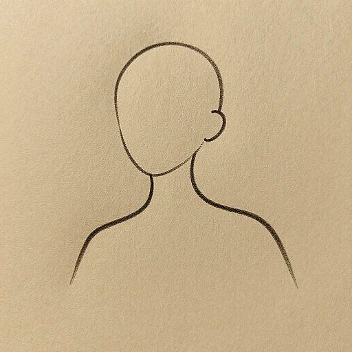 Minimalist black line drawing of a faceless, bald human figure with a single curved line for the neck and shoulders on textured beige paper.