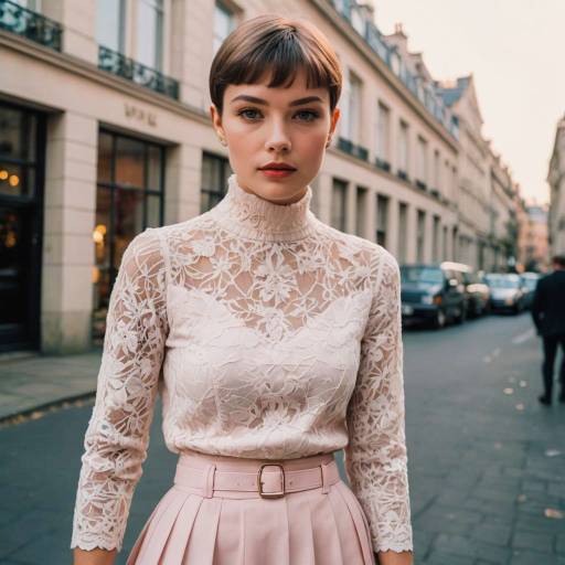Petite woman in lace turtleneck and pleated skirt