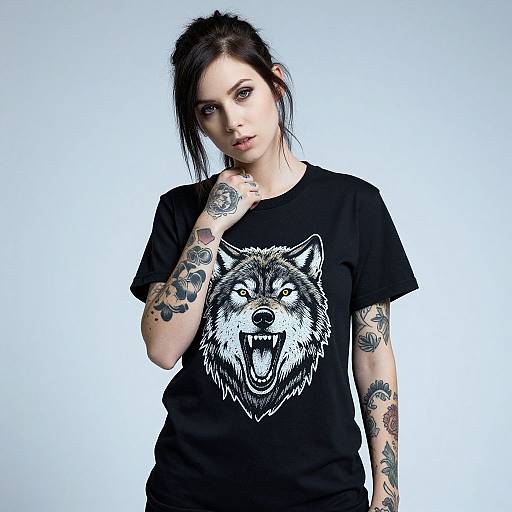 Tattooed Woman with Wolf T-Shirt