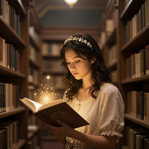 Photograph of a young woman with long black hair, wearing a white dress and floral headband, reading a glowing book in a dimly lit library
