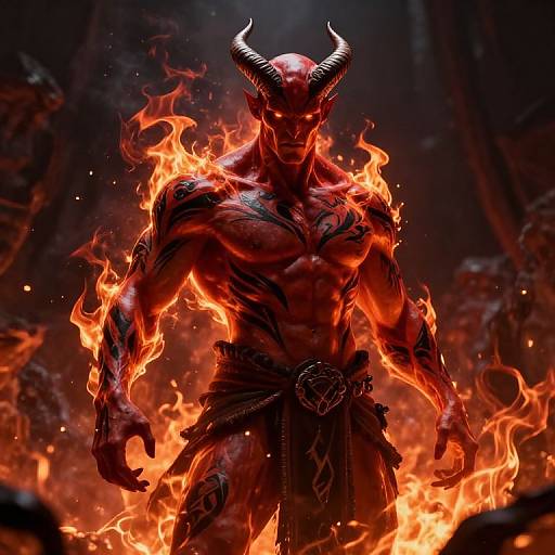 Digital artwork of a muscular, red-skinned demon with glowing eyes, large horns, and fiery flames encircling his body, standing in a dark