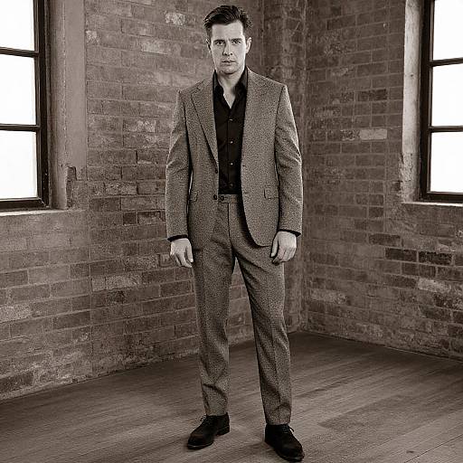 Photograph of a serious, attractive man in a brown checkered suit, black shirt, and black shoes, standing in a rustic brick-walled room