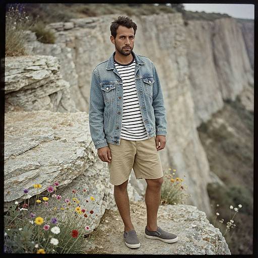 Photograph of a bearded man with short brown hair, wearing a denim jacket, striped shirt, beige shorts, and gray shoes, standing on a