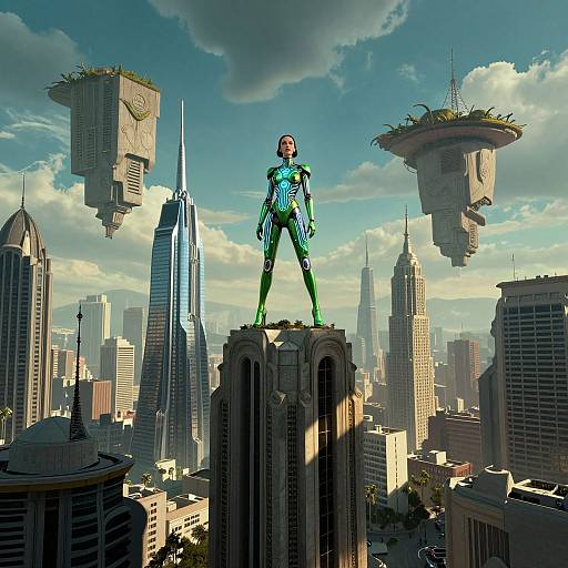 Digital art of a green-clad superhero standing on a tall building, overlooking a futuristic city with floating, garden-topped structures.