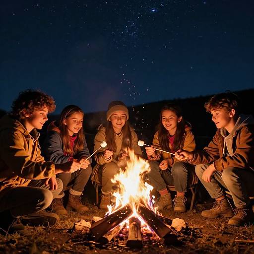 Preteens Roasting Marshmallows by Campfire