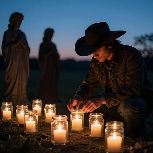 Photograph: Silhouetted man in cowboy hat lighting candles in jars at twilight, surrounded by glowing candles, with shadowed statues in the background