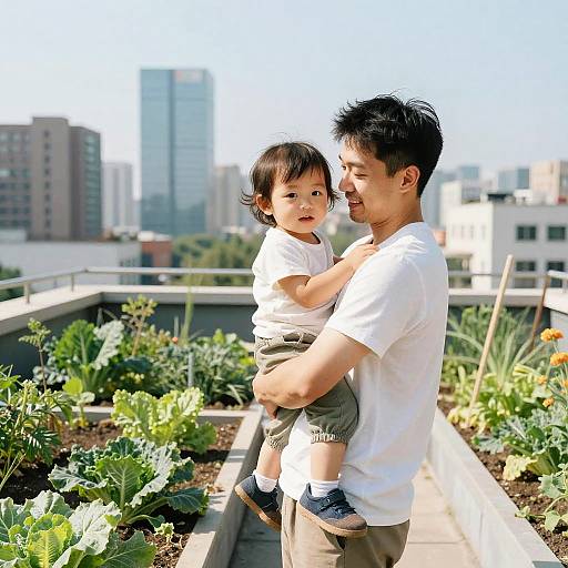 Father holding toddler in rooftop vegetable garden