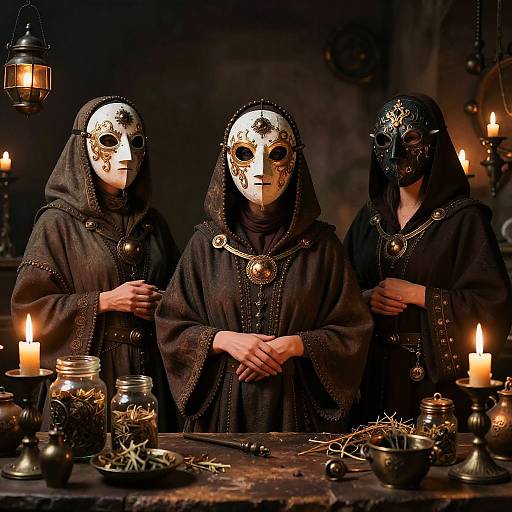 Photograph of three women in dark, ornate robes and skeletal masks, standing in a dimly lit room with candles and lanterns.