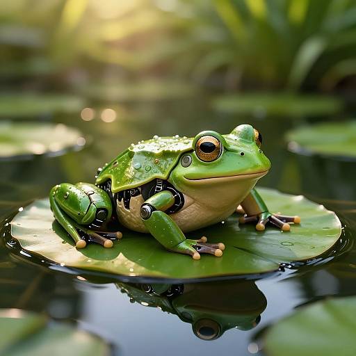 Photograph of a vibrant green frog with large, round eyes, sitting on a lily pad in a reflective pond, surrounded by lush greenery.