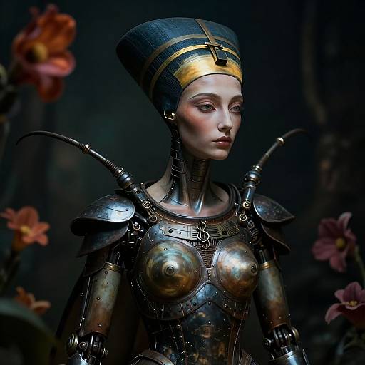 Photorealistic CGI of a metallic, futuristic female warrior with exposed brass breastplates, blue and gold headdress, surrounded by dark flowers.