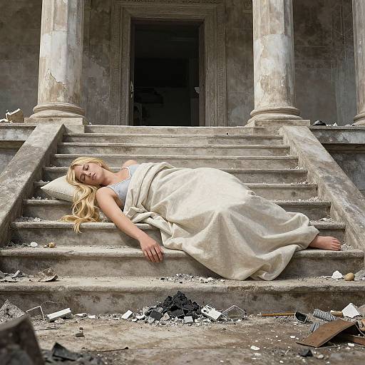 Photograph of a blonde woman with long hair, in a white dress, lying asleep on dusty, debris-covered stone steps in a dilapidated,