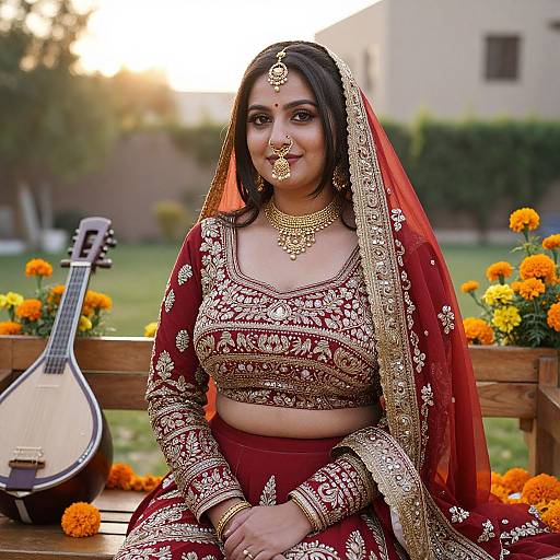 Photograph of a South Asian woman in a red and gold traditional lehenga and dupatta, adorned with jewelry, sitting outdoors with a guitar and orange