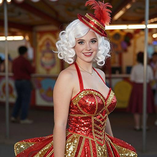 Photograph of a smiling woman with white curly hair, wearing a red and gold sequined circus costume, red hat with feather, standing in a brightly