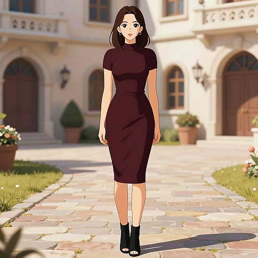 Anime-style digital illustration of a woman with shoulder-length black hair, wearing a black short-sleeve, knee-length dress, and black ankle boots,