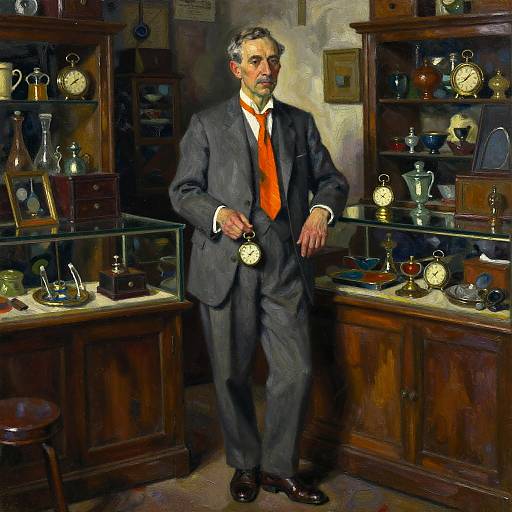 Photorealistic painting of an older man with gray hair, wearing a dark suit, white shirt, and bright orange tie, holding a pocket watch,