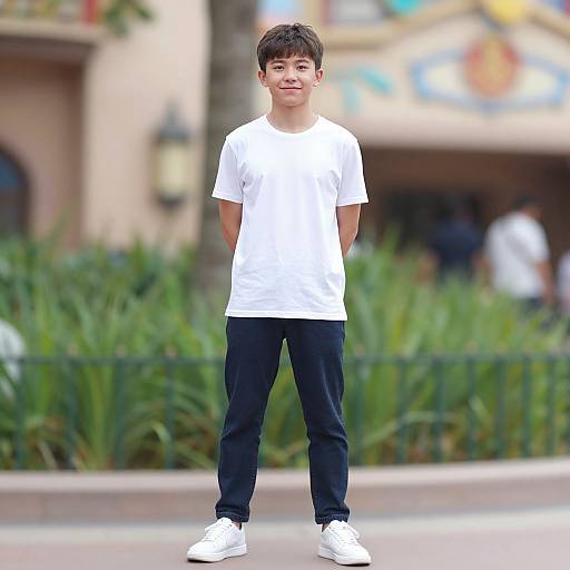 Photograph of a young boy with short brown hair, wearing a white t-shirt, black pants, and white sneakers, standing confidently in a blurred outdoor