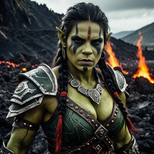 Fierce Female Orc Warrior on Volcanic Battlefield