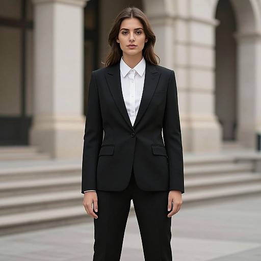 Photograph of a serious-looking woman with long brown hair, wearing a black suit and white shirt, standing in front of a stone architectural background.