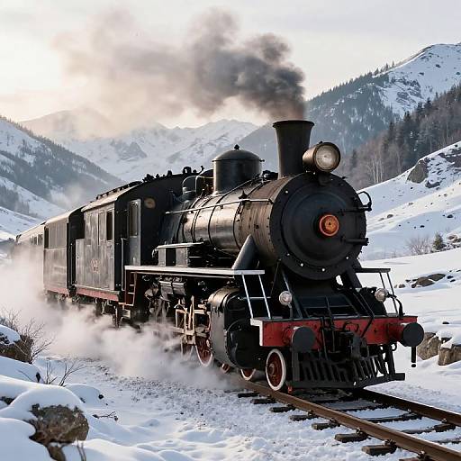 Photograph of a black steam locomotive with red wheels and smoke billowing, traveling through a snowy mountain landscape.