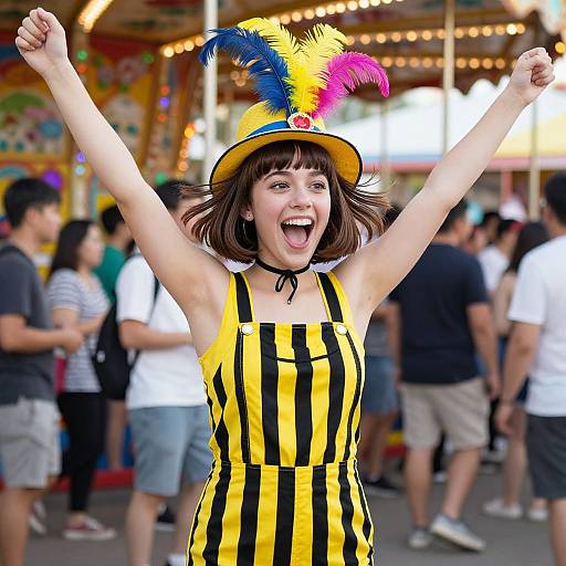 Photograph of a joyful woman in a yellow and black striped dress, colorful feathered hat, arms raised, cheering at a carnival.