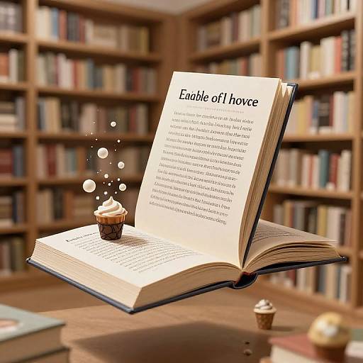 Photograph of an open book floating in a library, with a cupcake emitting sparkles beside it, surrounded by bookshelves.