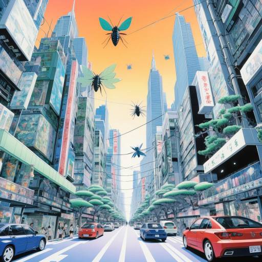 Futuristic Cityscape with Giant Manga-style Insects